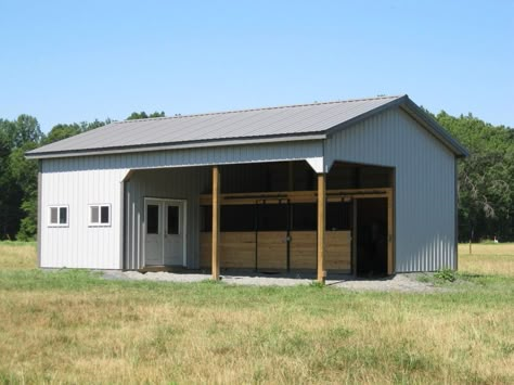 24x36 2 stall horse barn with 12x24 tack and hay storage room in buckingham va. The perfect style and size for two horses. 2 Stall Horse Barn, Pole Barn Builders, Small Horse Barns, Horse Shed, Barn Layout, Barn With Living Quarters, Small Barns, Barn Builders, Barn Stalls