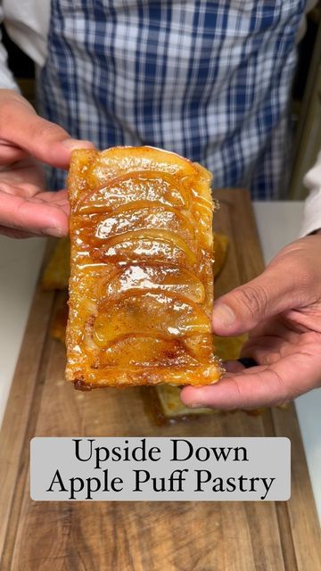 Matt Santos | Meal Prep Recipes on Instagram: "Upside Down Apple Puff Pastry Ingredients: -1 large apple, thinly sliced to 1/8”-1/4” width -1 sheet of puff pastry, cut into 6 portions -6 tbs honey plus more if needed -1 tbs ground cinnamon -3 tbs melted butter Instructions: -preheat oven to 375F -line a baking sheet with parchment paper -drizzle 1 tbs of honey in a 3”x1” strip onto the baking sheet; repeat 6 times, evenly spacing the strips apart -sprinkle the honey strips with cinnamon -place down 6-8 slices of apple onto each honey strip, slightly overlapping the slices -drizzle honey over the slices and sprinkle with cinnamon -place a rectangular portion of puff pastry over the apple slices -use a fork to press the edges down against the baking sheet -brush melted butter on Upside Down Apple Pastry, Uses For Puff Pastry Sheets, Puff Pastry Dessert Upside Down, Apple Upside Down Puff Pastry, Upside Down Apple Puff Pastry, Puff Pastry Apple Recipes, Upside Down Puff Pastry Recipes, Recipes Using Puff Pastry Sheets, Apple Recipes With Puff Pastry