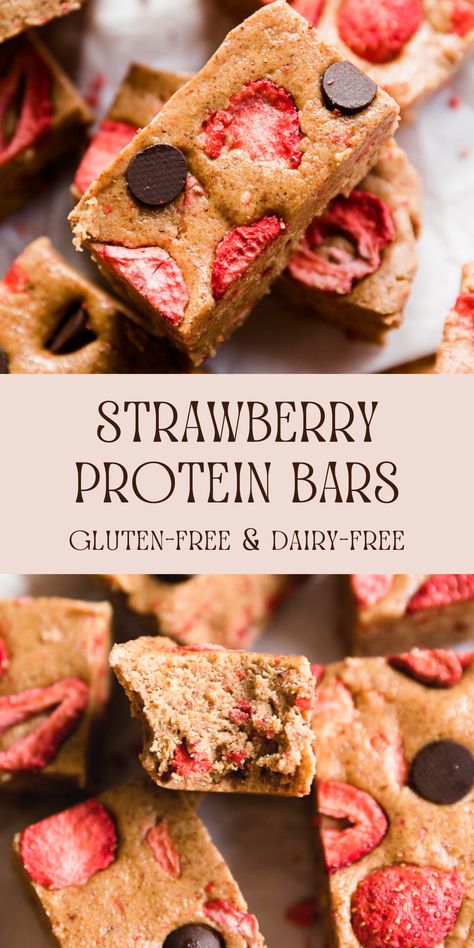 Strawberry Protein Bar, Strawberry Protein Powder Recipes, Dehydrated Strawberries, Healthy Protein Bars, Strawberry Protein, Gluten Free Desserts Healthy, Healthy Granola Bars, Protein Bar Recipes, Healthy Strawberry