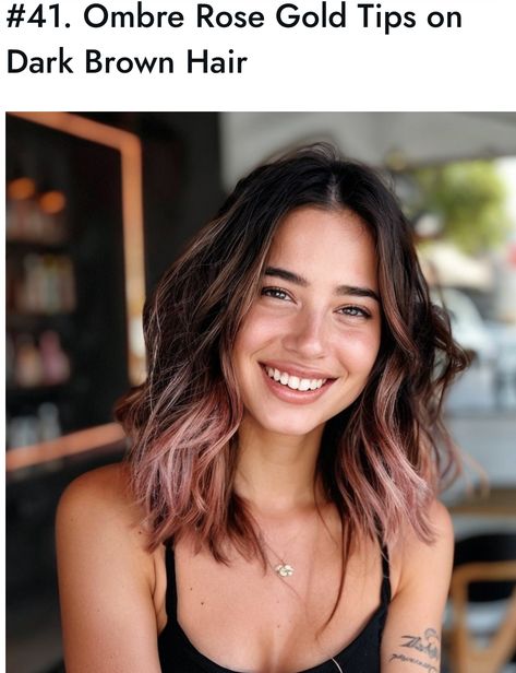 Dark Brown To Rose Gold Ombre, Dark Brown Hair Rose Gold Balayage, Pink Balayage Medium Hair, Rose Brown Ombre Hair, Dark Brown Rose Gold Hair, Fashion Color Money Piece, Small Peekaboo Hair Color, Short Hair With Colored Tips, Brunette Pink Ombre