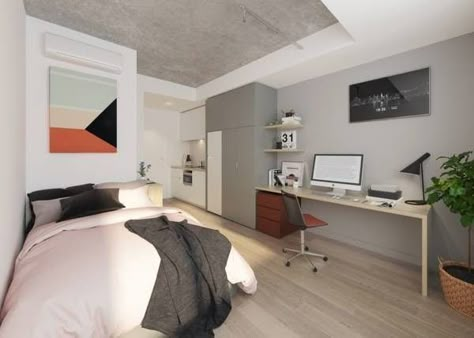 Student Residence Room, Student Accommodation Room Ideas, Student Apartment Aesthetic, Small Space Apartment Ideas, Suite Rooms, Student Bedroom, Flat Interior Design, Student Apartment, Dorm Design