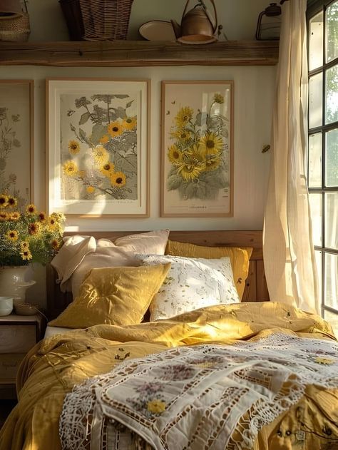 Bedroom Ideas Floral Bedding, Centered Bed In Small Room, Cottagecore Bedroom Furniture, Farmcore Bedroom, Cottage Core Pillows, Cottagecore Bedspread, Slanted Walls Bedroom Ideas, Simple Cozy Bedroom, Cottagecore Rooms