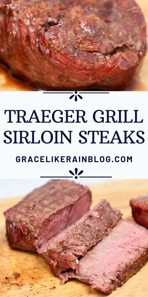 A Traeger Grill is a great tool for cooking steaks and many other cuts of meat. We're sharing how to grill top sirloin steaks on the Traeger the easy way. This grilling method yields a tender and juicy steak that is perfectly cooked every single time! How about some sirloin steaks on the Traeger? A Traeger Grill is a great tool for cooking steaks and many other cuts of meat. This easy grilling method yields a tender and juicy steak. | Pellet grill steak recipes | how to grill steaks on pellet Sirloin Steak On The Grill, Steaks On Traeger Grill, Traeger Sirloin Steak Recipes, Smoked Top Sirloin Steak, Steak On Traeger Grill, Traeger Steak Recipes, Traeger Grill Recipes Beef, Pellet Grill Steaks, Pellet Grill Steak Recipes