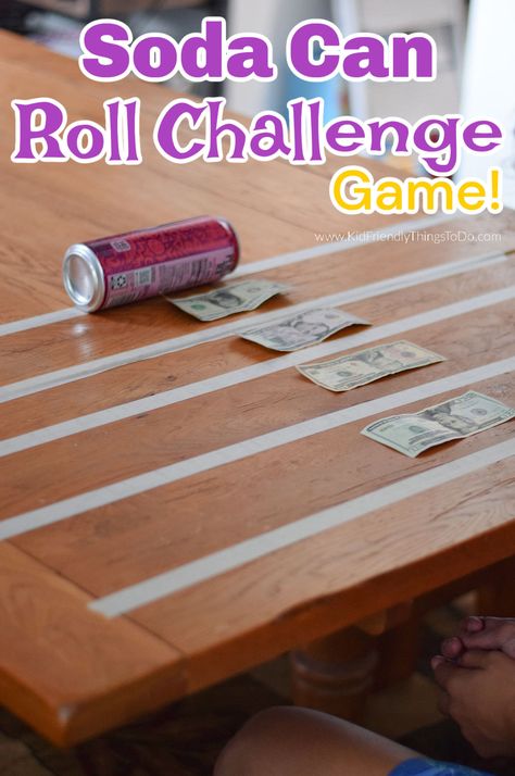 Test your luck in rolling the soda can down the table so it stops right on the big prize. This soda can roll game is easy to set up and so much fun to play. The perfect party game for parties and holidays and is great for all ages. Roll The Can Money Game, Roll The Can Game, Rolling Can Money Game, Minute To Win It Table Games, Can Rolling Game, Rolling Can Game, Roll The Can Christmas Game, Can Roll Challenge Game, Can Roll Game