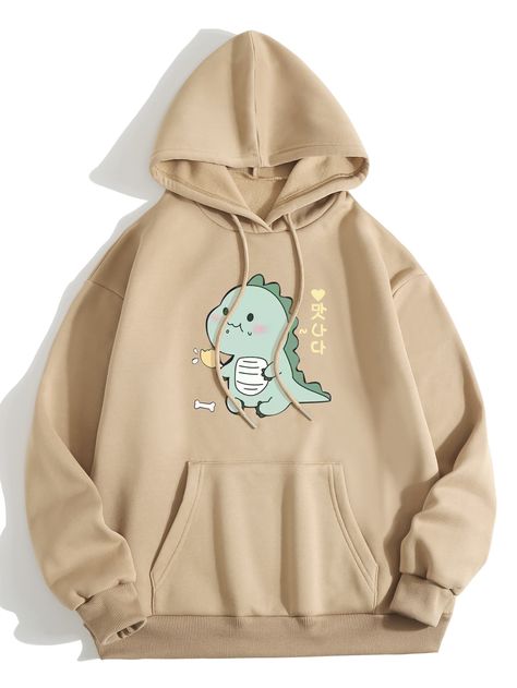 Cartoon And Korean Letter Graphic Drawstring Thermal Lined Hoodie Trendy Hoodies, Stylish Hoodies, Cute Dress Outfits, Lined Hoodie, Cute Sweatshirts, Plus Size Kleidung, Really Cute Outfits, Kawaii Clothes, Korean Outfits