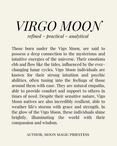 Your Moon Sign 🌚 Part 1 From ARIES ♈️ to Virgo ♍️ Your Moon sign profoundly influences your spiritual journey, shaping your deepest emotional responses, subconscious habits, and instinctual behaviors. It reveals how you nurture yourself and others, your intuitive inclinations, and what brings your soul nourishment and inner peace. Spiritually, your Moon sign guides your path to emotionally transformative growth, highlighting the lessons your soul needs to learn in this lifetime. For... Moon Sign Virgo, Virgo Moon Aesthetic, Scorpio Witch, Virgo Moon Sign, Soul Nourishment, Mars In Virgo, Chloe Core, Moon Aquarius, Virgo Aesthetic