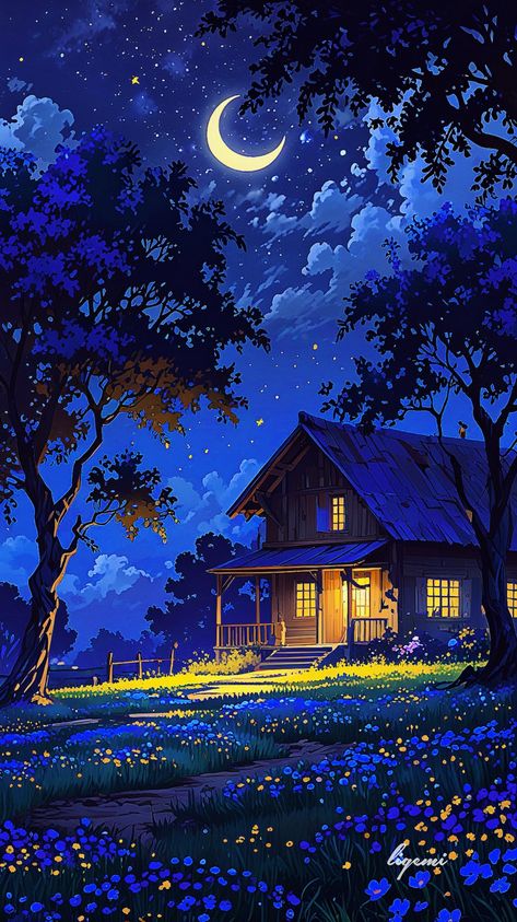 What dreams do you chase under the moonlight? ✨ 🌟 Follow: @gemilyly . . . #cabininthewoods #starrynight #moonlight #naturelovers #instaart #instaartist #aesthetic #artwork #illustration #conceptart #landscape #nature #sky #stars #cozyhome #dreamy #magical #night #house #chillhood #peaceful #vibes #aiart #digitalai #ligemi_ni Night Color Palette Illustration, Night Painting Moonlight, Night Landscape Illustration, Lofi Art, Printable Wallpaper, Night House, Clip Art Frames Borders, Night Sky Art, Field Of Wildflowers