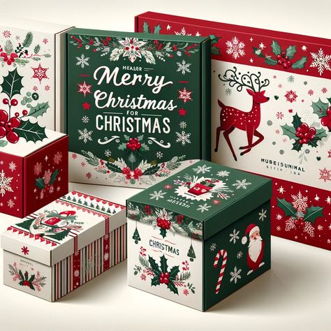 Beautiful packaging boxes for Christmas Gift Box Design Illustration, Christmas Box Packaging Design, Xmas Packaging Design, Christmas Design Packaging, Christmas Hampers Packaging Ideas, Christmas Box Design Packaging, Christmas Hampers Packaging, Christmas Package Design, Christmas Box Packaging