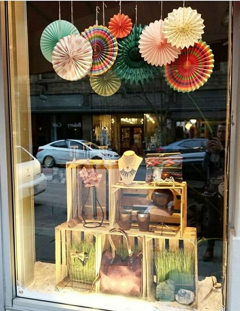 Product Window Display, Boutique Front Window Display Ideas, Summer Shop Display Ideas, Shop Window Displays Ideas Summer, Spring Window Displays Store Fronts, Small Window Display Ideas, Summer Store Display Ideas Retail, Window Merchandising Ideas, Charity Shop Window Display Ideas