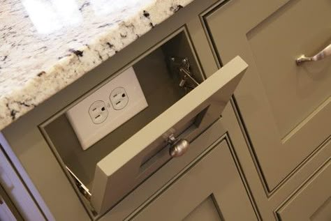 Bathroom Cabinet Electrical Outlet, Hidden Light Switch Ideas, Waterfall Island Power Outlet, Waterfall Island Kitchen Outlet, Hidden Kitchen Plugs, Horizontal Outlets In Kitchen, Island Outlet Placement, Power Outlets In Kitchen, Hiding Kitchen Outlets