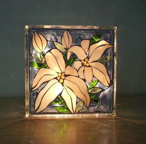 Lily And Roses, Stained Glass Lily, Painted Glass Blocks, Lilies And Roses, Glass Block Crafts, Battery Powered Led Lights, Stained Glass Mirror, Lighted Glass Blocks, Stained Glass Rose