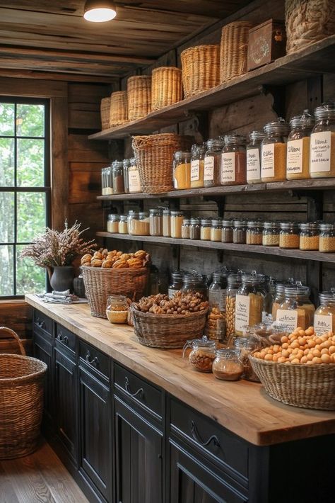 Farm Pantry Ideas, Rustic Kitchen Pantry Ideas, Kitchen And Pantry Ideas, Country Pantry Ideas, Cottage Style Pantry, Tuscan Pantry, Holistic Pantry, Cabin Furniture Ideas, Butcher Pantry