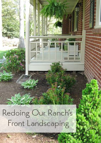 Landscaping tips for the win Ranch Landscaping Ideas, Porch Gardening Ideas, Ranch House Landscaping, Slate Walkway, Brick Ranch Houses, Ranch House Exterior, Small Front Yard Landscaping, Young House, Front Yard Garden Design