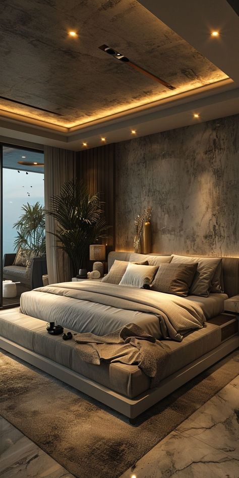 Modular False Ceiling Design, Modern House Design Bedroom, Bedroom Rich Luxury, Different Ceiling Ideas, Bedroom With Mirror On Ceiling, Dream Room Luxury, Floating Bedroom Ideas, Bedroom Ideas High Ceiling, Aesthetic Bedroom Big