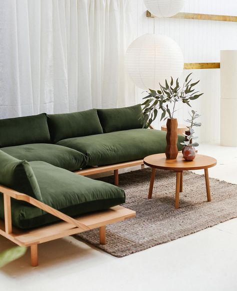 Pop and Scott on Instagram: “Our L Dreamer creates the perfect cosy corner 🍁 shot by @jessicatremp” Green Couches, Daybed Styles, Pop And Scott, Futon Cushions, Sofa Design Ideas, 아파트 인테리어, Wooden Sofa, Diy Furniture Couch, Couch Furniture