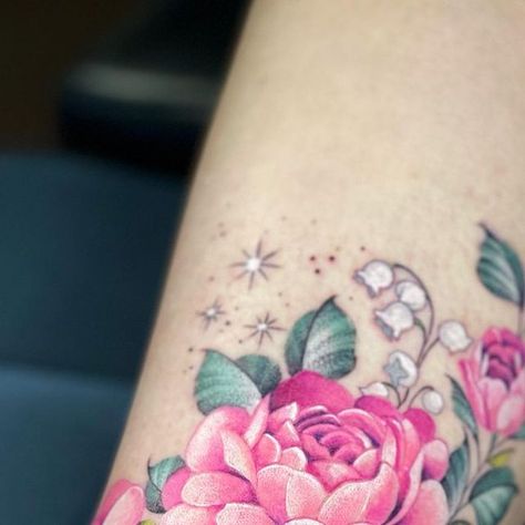 Breck Marquette Hall on Instagram: "Peonies and lilies of the valley for Lucie 🌿 Thanks for being such a pleasure in the studio! After today’s tattoo, it really feels like spring is in the air 🍃 . . . . . . . #peonytattoo #ankletattoo #delicatetattoo #floraltattoo #naturetattoo #witattooartist #lilyofthevalley #afflictionink" Lilies Of The Valley, Pink Tattoo, Delicate Tattoo, Peonies Tattoo, Spring Is In The Air, Nature Tattoos, Ankle Tattoo, S Tattoo, In The Studio