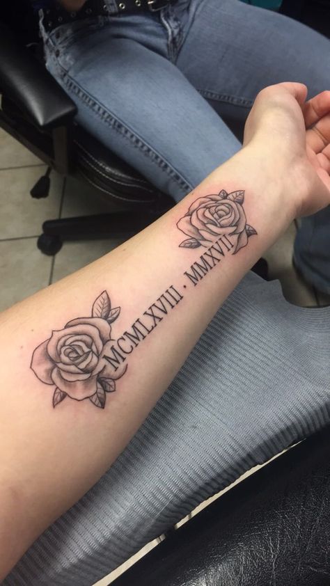 Rose Tattoo With Roman Numerals Stem, 2 Dates Tattoo Ideas, Roman Numeral Tattoo With Flowers, Roman Numeral Tattoo With Name, Numbers With Flowers, Luis Tattoo, Half Sleeve Rose Tattoo, Spiritual Hand, Roman Numbers Tattoo