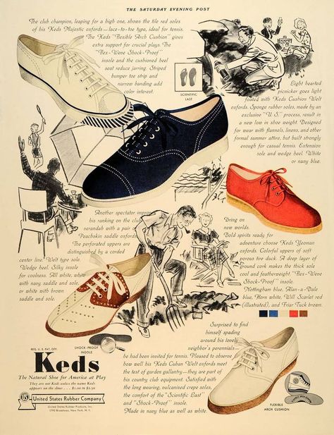 1937 Ad Keds Shoes Feet Arch Cushion Cuban Welt Yeoman - ORIGINAL SEP4 Vintage Keds Sneakers, 1930s Shoes, New Look Ideas, 1950s Shoes, Shoe Advertising, Classic Lifestyle, Vintage Meets Modern, Keds Sneakers, Bags Online Shopping