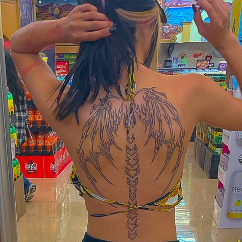 Dragon Wings Back Tattoo Women, Wing Spine Tattoos For Women, Dragon Wings Tattoo For Women, Spine Tattoos With Wings, Spine Wing Tattoo, Wing Tattoo Men Back, Dragon Wing Tattoo On Back, Dragon Wing Back Tattoo, Dragon Wings Back Tattoo