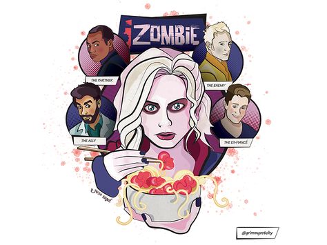 IZombie CW FanArt by Gretchen Braun Izombie Fanart, Izombie Tv Show, Izombie Tv Series, Rahul Kohli, Show Drawing, Liv Moore, I Zombie, Tv Shows Characters, Rob Thomas