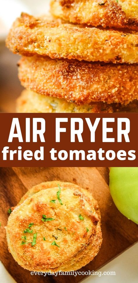 An easy air fried green tomatoes recipe that's much healthier than deep fried! Coated in cornmeal and breadcrumbs for traditional flavor. Includes directions on how to freeze and cook the air fryer green tomatoes from frozen. #airfryer #airfried Pickled Fried Green Tomatoes, Air Fried Green Tomatoes Healthy, Fried Green Tomato Air Fryer, Fried Tomatoes Red Air Fryer, How To Fry Green Tomatoes In Air Fryer, Fried Green Tomato Recipes Easy, Green Tomatoes Fried, Fried Green Tomatoes Recipe Panko, Easy Fried Green Tomatoes Air Fryer