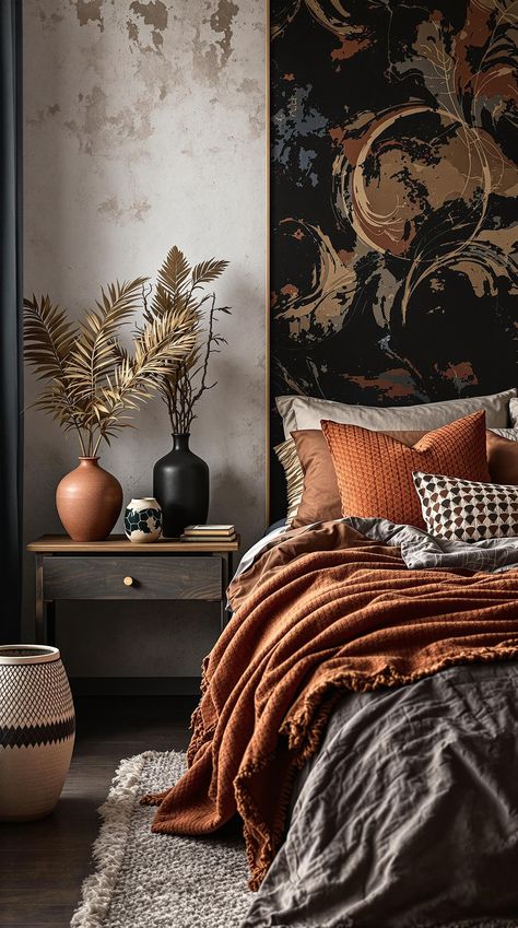 Black Bedroom Ideas Dark Gray And Terracotta Bedroom, Terracotta Black Bedroom, Black And Terracotta Bedroom, Black And Copper Bedroom, Black And Rust Bedroom, Terracotta Black And White, Terracotta Accents, Black Bedrooms, Terracotta Bedroom