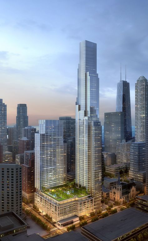 Holy Name tower would become Chicago’s sixth tallest skyscraper - Curbed Chicagoclockmenumore-arrownoyes : The supertall One Chicago Square development would replace Holy Name Cathedral’s block-sized parking lot Futuristic Civilization, One Chicago, Commercial And Office Architecture, Future Buildings, High Building, Buildings Photography, Mix Use Building, Skyscraper Architecture, Office Tower