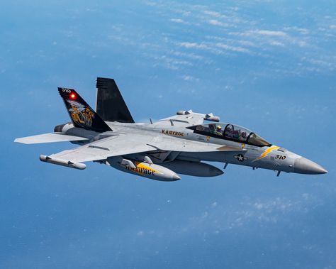 A U.S. Navy EA-18G Growler assigned to the Electronic Attack Squadron 138 (VAQ-138) approaches a KC-135 Stratotanker assigned to the 909th Air Refueling Squadron to conduct aerial refueling over the Pacific Ocean on June 24, 2024. Yellow Jackets. Ea 18g Growler, Yellow Jackets, Yellow Jacket, The Pacific Ocean, U S Navy, Pacific Ocean, Military Aircraft, The Pacific, Air Force