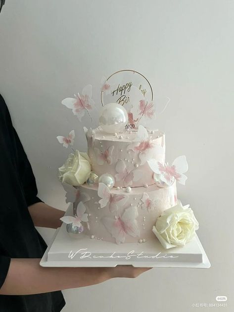 Aesthetic Birthday Cake Two Tier, Two Layer Butterfly Cake, Debut Birthday Cake, Elegant 18th Birthday Cake, Cake For Debut, Pretty Birthday Cakes For Teens, Debut Cake 18th Elegant, Debut Cake 18th, 13 Birthday Cake For Teens