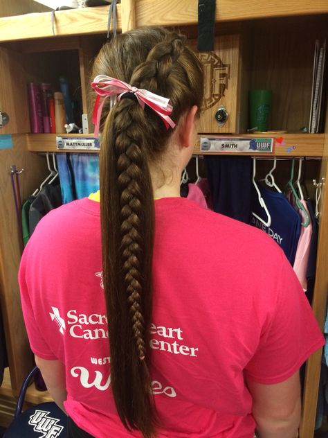 Perfect Pack it Pink Volleyball hair #hair #volleyball #redhead #bow #dutchbraid #braid Dig Pink Volleyball Ideas, Pink Out Volleyball, Volleyball Hair Bows, Ponytails Hairstyles, Pink Volleyball, Dig Pink, Volleyball Ideas, Volleyball Hair, Bow Ponytail