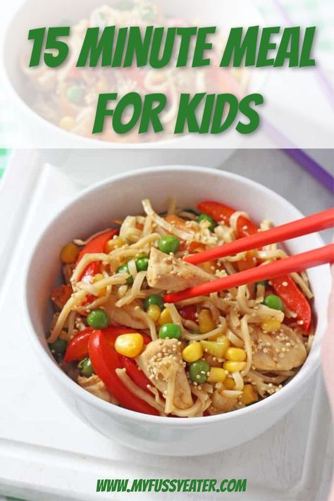 Quick and easy meals that the kids will actually eat – that's what we’re all looking for isn’t it?! There’s nothing worse than spending an hour cooking dinner to have everyone refuse to eat it and so I’m always trying out new ideas for my fussy pair! My recipe for these noodles is ready in just 15 minutes so is the perfect easy meal for kids but would also make a fab easy midweek meal for the whole family! #15minutemeals #easy15minutemeals #15minutemealsforkids #easymidweekmeals Weaning Ideas, Easy Kids Recipes, Chicken Noodle Recipes, Meals For Kids, Vegetable Noodles, Chicken Vegetable, Chicken Noodles, Kids Meal, Quick And Easy Meals