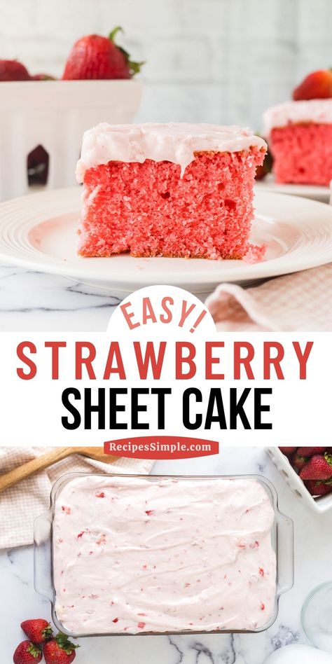 Strawberry And Cream Sheet Cake, Sheet Cake With Strawberries On Top, Strawberry Lemon Sheet Cake, Strawberry Cake Without Strawberries, Strawberry Cake Recipe Easy, Moist Strawberry Box Cake Recipe, Strawberry Cake Sheet Pan, Homemade Fresh Strawberry Cake, Brown Butter Sheet Cake