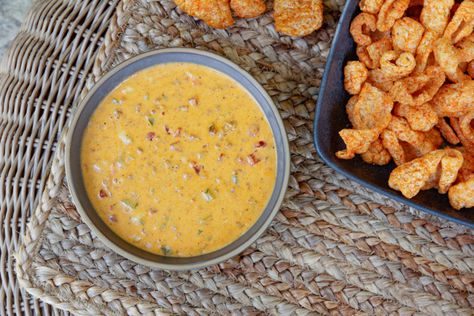 Jess Pryles, Smoked Queso, Pickled Jalapeño, Queso Recipe, Rotel Tomatoes, Eating Alone, Queso Dip, Pickling Jalapenos, Pork Rinds