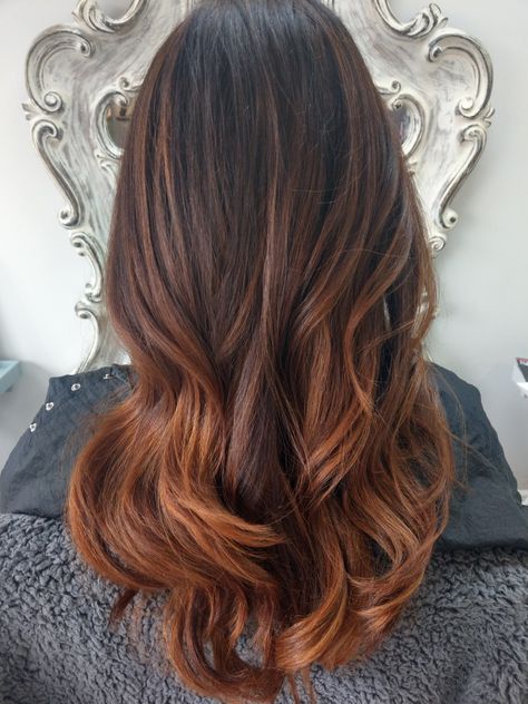 Beautiful copper and brown balayage ombre. Using Natulique Organic Hair Colour. Copper Red Babylights, Autumn Balayage Hair Brunette Red, Copper Ombre Brunette, Brown Base Copper Balayage, Natural Brown Ombre Hair, Dark Brown To Copper Ombre, Copper Brown Ombre Hair, Brunette Copper Ombre, Auburn Ombre Hair Copper