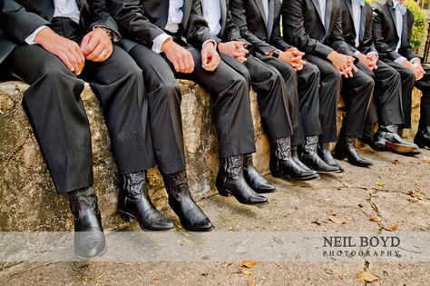 Black cowboy boots for groom and groomsman.  Country wedding. Neil Boyd Photography. Suit And Cowboy Boots, Suit With Cowboy Boots, Shoes For Groom, All Black Tuxedo, Cowboy Groom, Trendy Wedding Shoes, Black Cowboy Boots Outfit, Cowboy Boots Men, Wedding Cowboy Boots