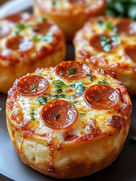 Barbara Jane MacNeil Pizza Bowls, Mini Pizza Bites, Pizza Cupcakes, Pizza Snacks, Pizza Muffins, Craving Pizza, Mini Pizzas, Pizza Flavors, Pizza Bites