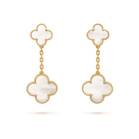 Magic Alhambra earrings, 2 motifs Yellow gold, Mother-of-pearl - Van Cleef & Arpels Van Cleef Dangling Earrings, Van Cleef White Earrings, White Van Cleef Earrings, Magic Alhambra Earrings, Van Cleef Alhambra Earrings, Van Clef Earrings, Alhambra Jewelry, Alhambra Van Cleef, Van Cleef Earrings