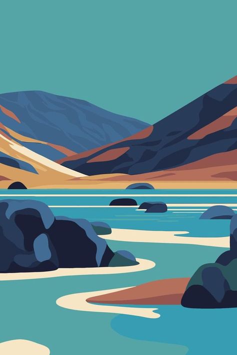 Iceland Graphic Design, Iceland Illustration, Iceland City, The Blue Lagoon Iceland, Screen Print Ideas, Vector Landscape, Lagoon Iceland, Blue Lagoon Iceland, Mountain Illustration