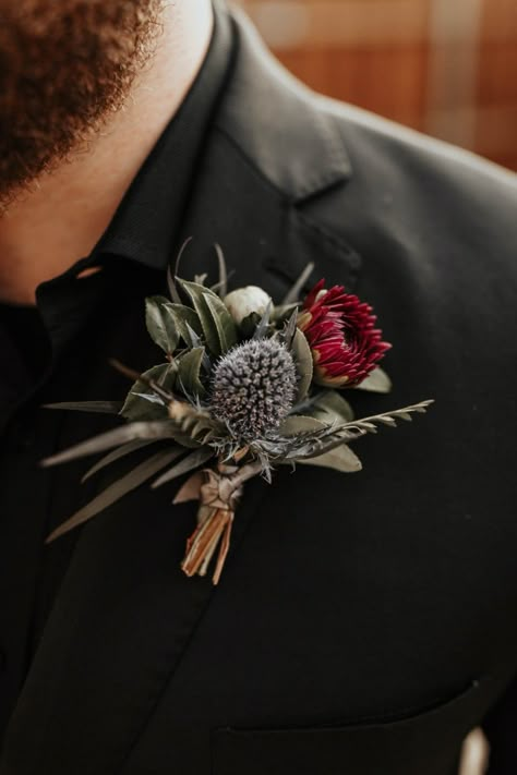 Dark And Moody Wedding Boutonniere, Cabernet Boutonniere, Dried Wedding Florals, Moody Wedding Flowers, Flowers For Men, Rockstar Chic, Warehouse Wedding, Winter Wedding Flowers, Dfw Wedding