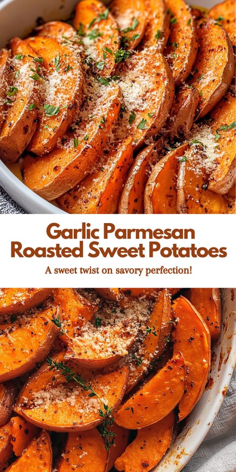 These Garlic Parmesan Roasted Sweet Potatoes are the ultimate side dish for any meal! Crispy on the outside, tender on the inside, and packed with flavor!   Ingredients:  4 medium sweet potatoes, peeled and cut into cubes 4 tablespoons olive oil 6 garlic cloves, minced 1/4 cup grated Parmesan cheese 1 tablespoon dried oregano 1 tablespoon dried thyme Salt and pepper to taste 1 tablespoon fresh parsley, chopped (for garnish) Roasted Garlic Parmesan Sweet Potatoes, Roasted Sweet Potatoes With Garlic And Parmesan, Side Dish With Sweet Potatoes, Sweet Potatoes With Parmesan Cheese, Sweet Potato Garlic Parmesan, Olive Oil Potatoes, Delicious Sweet Potato Recipes, Herb Roasted Sweet Potatoes, Garlic Sweet Potato Recipes