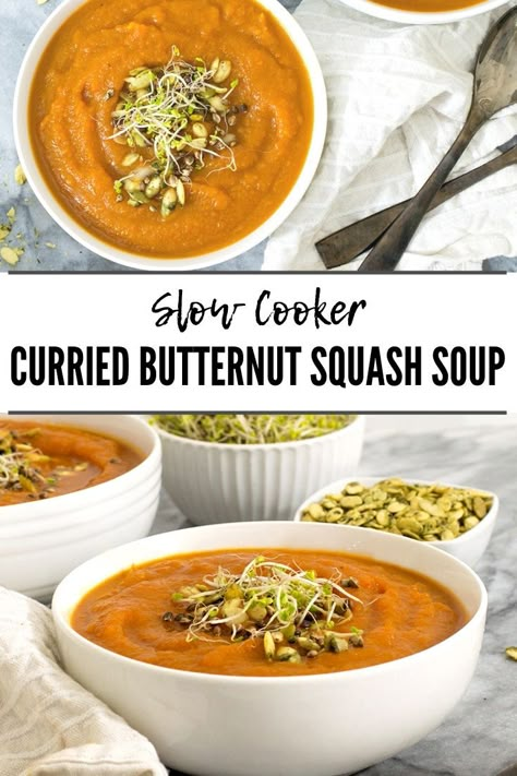 Squash Soup Slow Cooker, Butternut Squash Soup Slow Cooker, Carrot Curry Soup, Butternut Squash Soup Crockpot, Soup Squash, Curried Squash Soup, Curried Butternut Squash, Healthy Squash Recipes, Carrot Curry