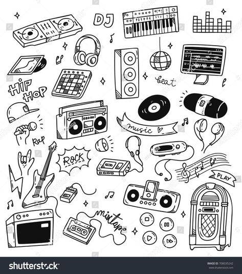 Doodle Drawings Music, Doodle Music Art, Cool Doodle Designs, Sketch Book Music, Sketches Of Music, Cute Music Drawings, Music Flash Tattoo, Cute Music Doodles, Music Inspired Drawings