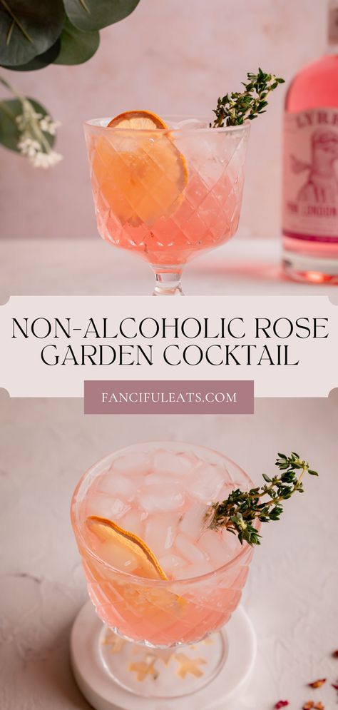 Pink rose garden cocktail in a glass with thyme sprigs and a dried orange slice. Refreshing Spring Drinks, Floral Mock Tails, Non Alcoholic Welcome Drinks, Mocktails Non Alcoholic Spring, Rose Syrup Cocktail, Sweet Mocktail Recipes, Rose Mocktail Recipe, Zero Proof Cocktails, Earthy Cocktails