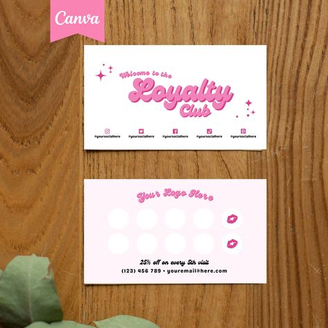 Loyalty Card Template - Pink Retro Loyalty Card - Loyalty Card Made in Canva - Editable Loyalty Card Credit Card Loyalty Cards, Loyalty Business Cards, Business Loyalty Cards, Salon Loyalty Cards, Stamp Card Loyalty, Loyalty Card Design, Loyalty Card Template, Loyalty Cards, Dog Grooming Business