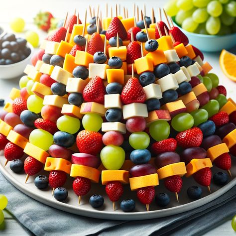 Simple Fruit and Cheese Skewers Fruit And Cheese Skewers, Cheese Kabobs, Cheese Skewers, Fruit Kebabs, Fruit Platter Designs, Skewer Appetizers, Fruit Skewers, Fruit Kabobs, Party Food Buffet