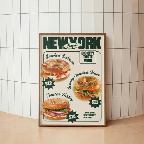 Another post for New York 🥯 THE BRIEF A new bagel shop in New York is launching and needs your help creating a brand that reflects the authenticity and exceptional taste of their freshly baked New York-style bagels. Crafted with the finest ingredients, these bagels offer a balance of artisanal quality and urban appeal. The brand should resonate with food lovers who value tradition and creativity. Whether it’s for a quick breakfast or a leisurely brunch, the shop aims to be the go-to spot fo... Bagel Branding Design, New York Bagels Aesthetic, Bagel Shop Aesthetic, Bagel Poster, Bagel Branding, Bagel Company, New York Brunch, Toasted Turkey, Burger Branding