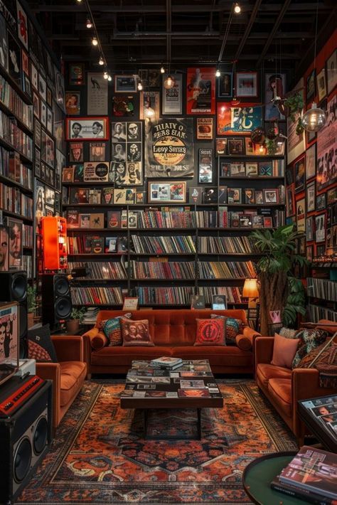 Music Interior Design Ideas, Audiophile Living Room, Record Collection Room, Retro Music Studio, Retro Vinyl Aesthetic, Music Listening Aesthetic, Vintage Room Ideas Retro, Aesthetic Music Room, Cozy Music Room