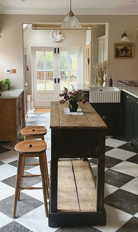 Space Above Stove, Above Stove Ideas, Checkerboard Floor Kitchen, Checkered Floor Kitchen, Floors Of Stone, Green Countertops, Kitchen Flooring Options, Tudor Kitchen, Dream House Bedroom