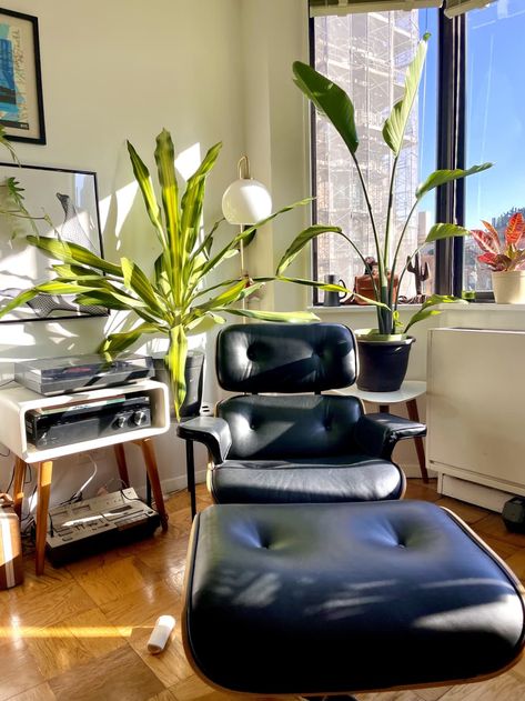 Eames Chair Living Room, Black Eames Chair, Small Nyc Apartment, Mid Century Leather Chair, Upstairs Lounge, Leather Chair Living Room, The Smell Of Coffee, Black Leather Chair, King Furniture