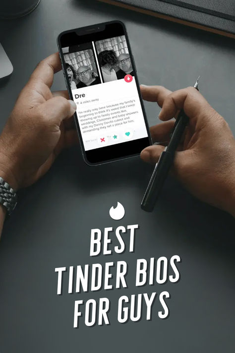 Pair of hands holding a smartphone showing a man's Tinder app bio Bumble Bio For Guys, Bumble Bios For Guys, Tinder Quotes Funny, Clever Tinder Bio Men, Best Tinder Bio Guys, Funny Tinder Bio Men, Tinder Bio Men, Bio For Tinder, Tinder Aesthetic